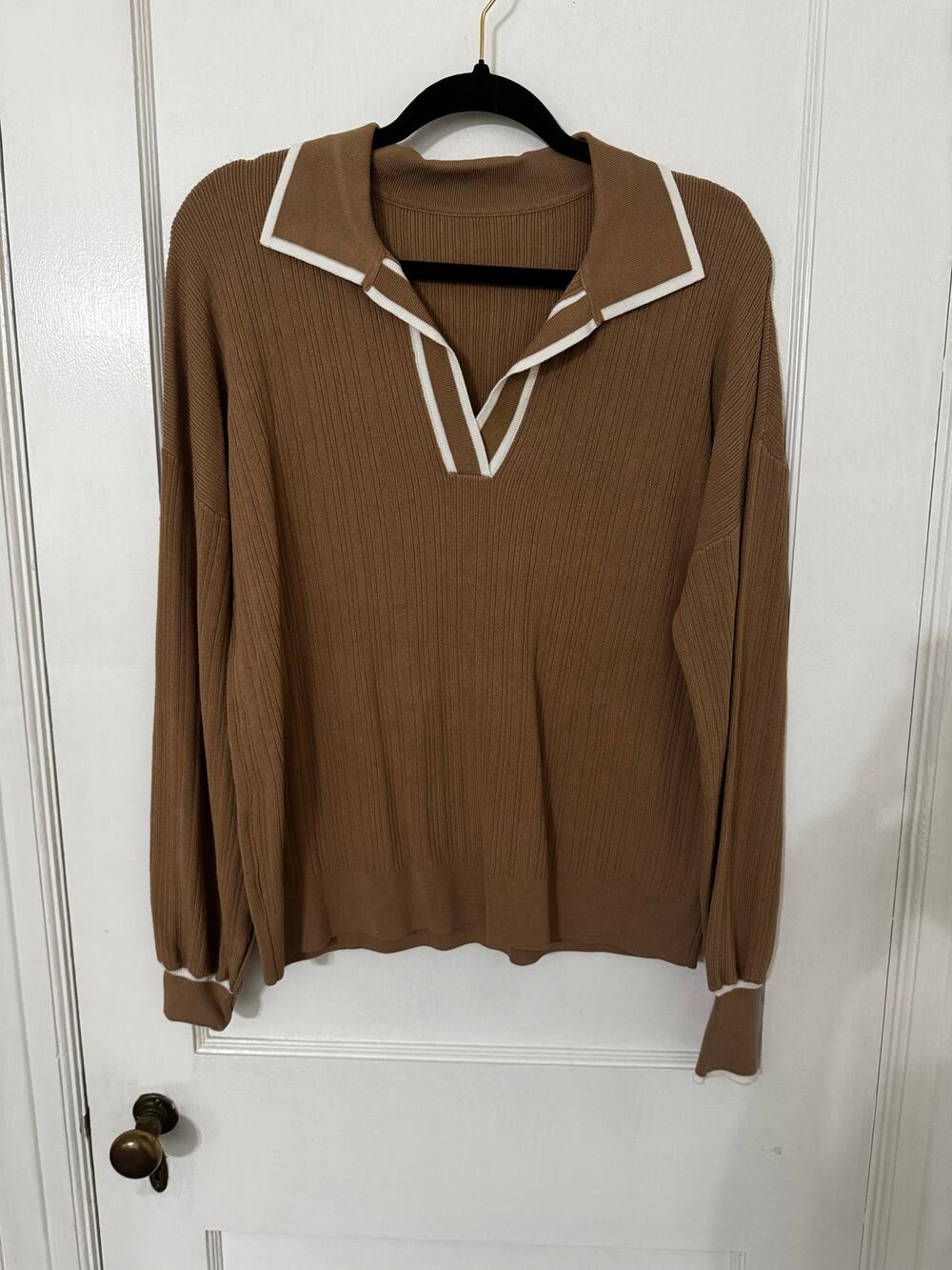 Brown Khaki Contrast Trim Ribbed Collared Sweater Long Sleeve Polo Top